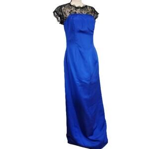 Da Vinci Cobalt Blue Satin Black Lace Top Evening Formal Dress Prom 12 NWT